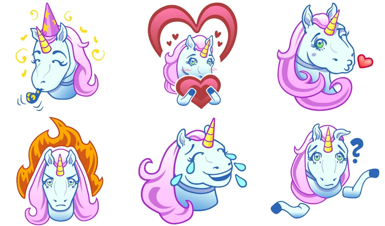 Unicorn Emojis Sticker Pack — hand-drawn unicorn stickers